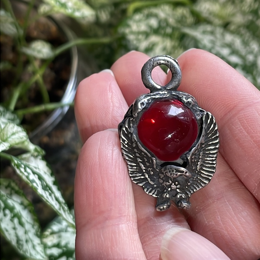 Eagle bird pendant 1” with red glass orb necklace